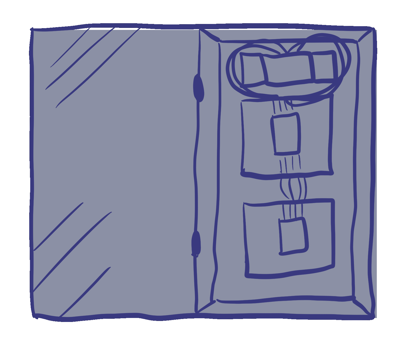 Hand-drawn animation of a wall-mounted control panel cabinet: a hinged door swings open to reveal two stacked modules connected by wiring—an upper box with coiled cables and a lower box with bundled wires.
